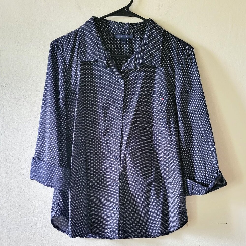 Tommy Hilfiger Blue with White Polka Dots Button-Up Shirt Size M